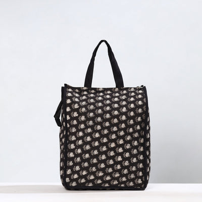 Black - Handmade Bagru Block Printed Cotton Shopping Bag 03