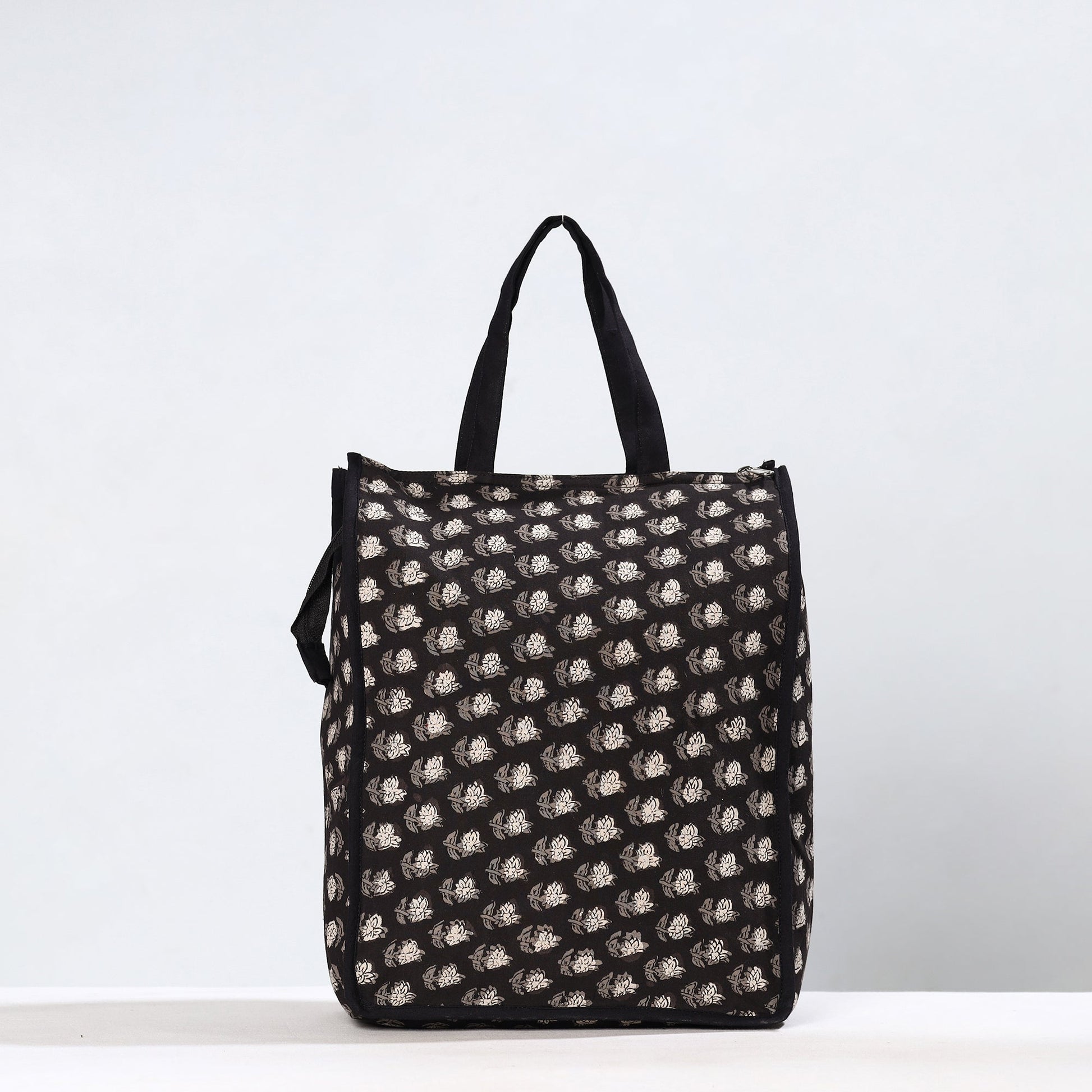 Black - Handmade Bagru Block Printed Cotton Shopping Bag 03