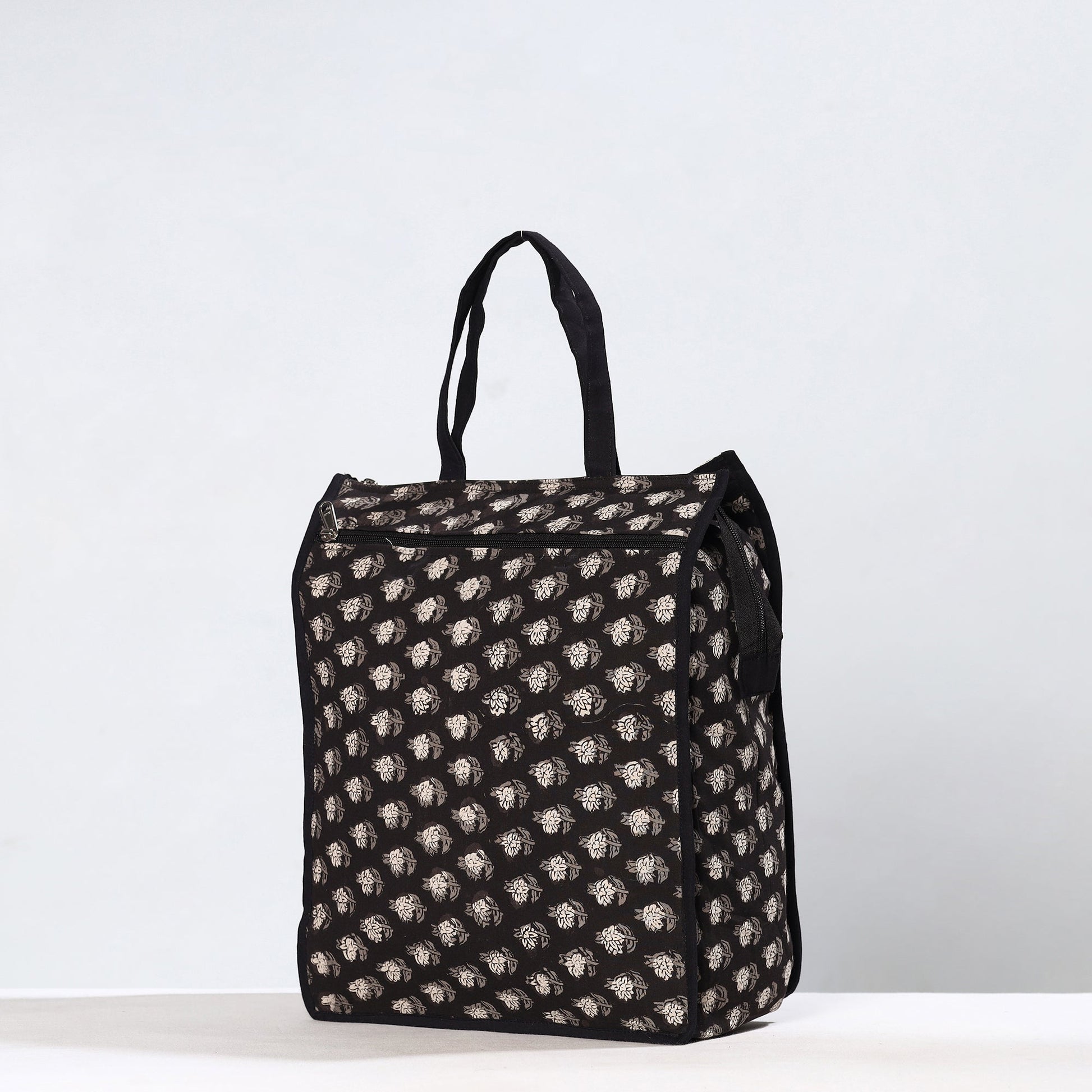 Black - Handmade Bagru Block Printed Cotton Shopping Bag 03