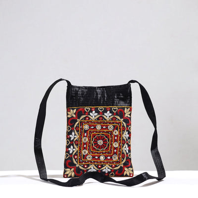 Black - Kutch Pakko Hand Embroidery Mirror Work Mashru Silk Sling Bag 104