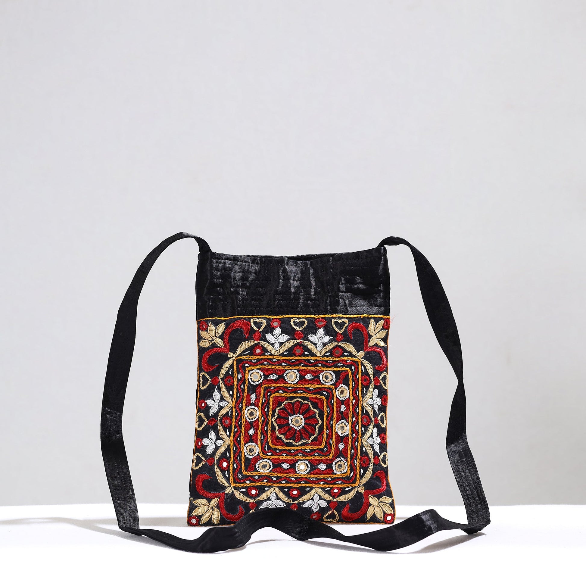Black - Kutch Pakko Hand Embroidery Mirror Work Mashru Silk Sling Bag 104