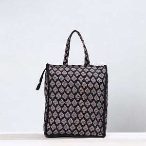 Black - Handmade Ajrakh Block Printed Cotton Shopping Bag 06