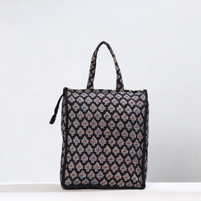 Black - Handmade Ajrakh Block Printed Cotton Shopping Bag 06