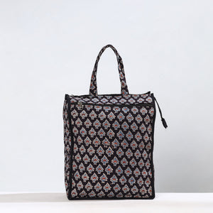 Black - Handmade Ajrakh Block Printed Cotton Shopping Bag 06