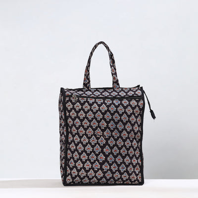 Black - Handmade Ajrakh Block Printed Cotton Shopping Bag 06