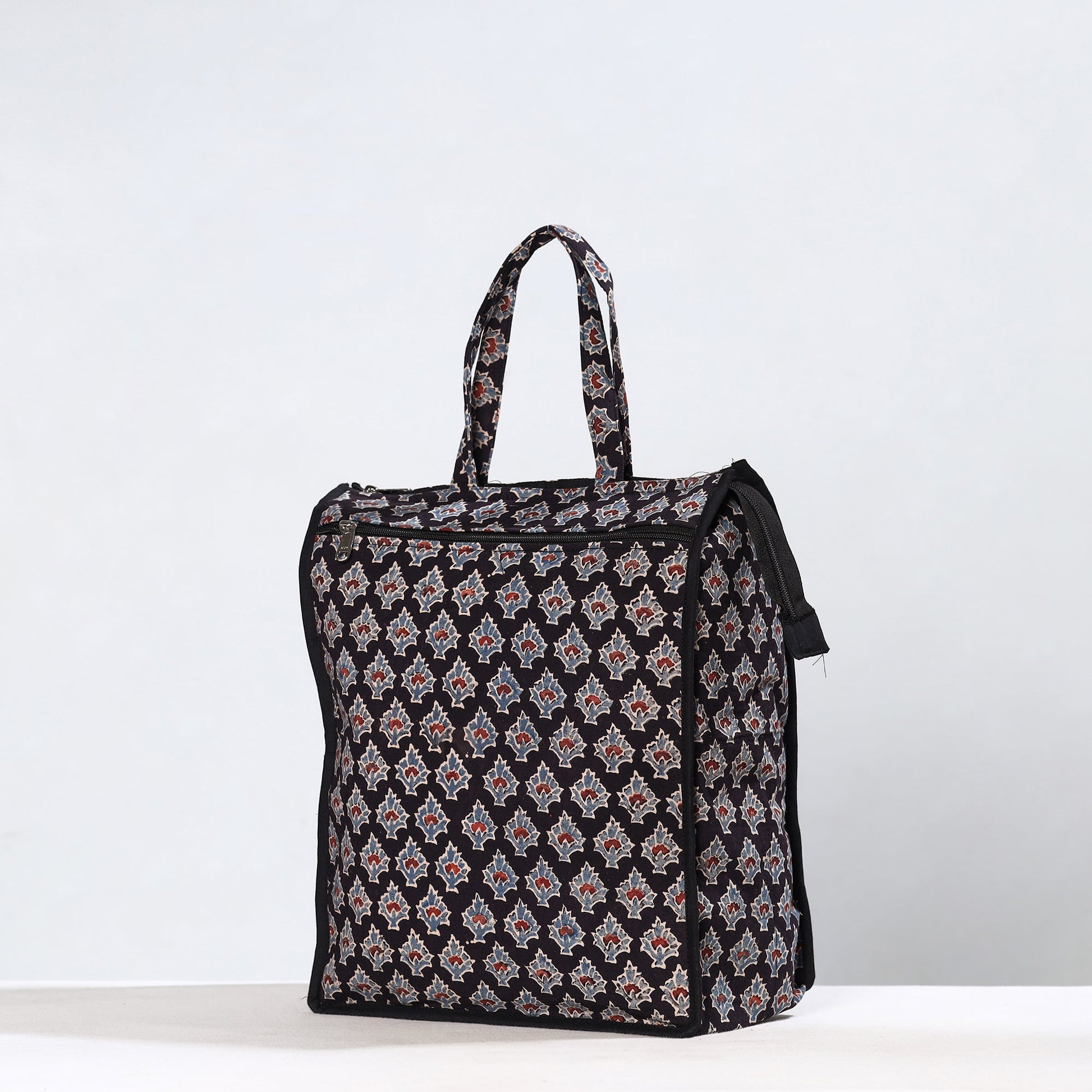 Black - Handmade Ajrakh Block Printed Cotton Shopping Bag 06