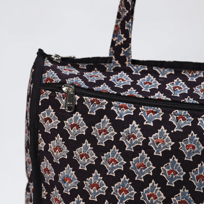 Black - Handmade Ajrakh Block Printed Cotton Shopping Bag 06