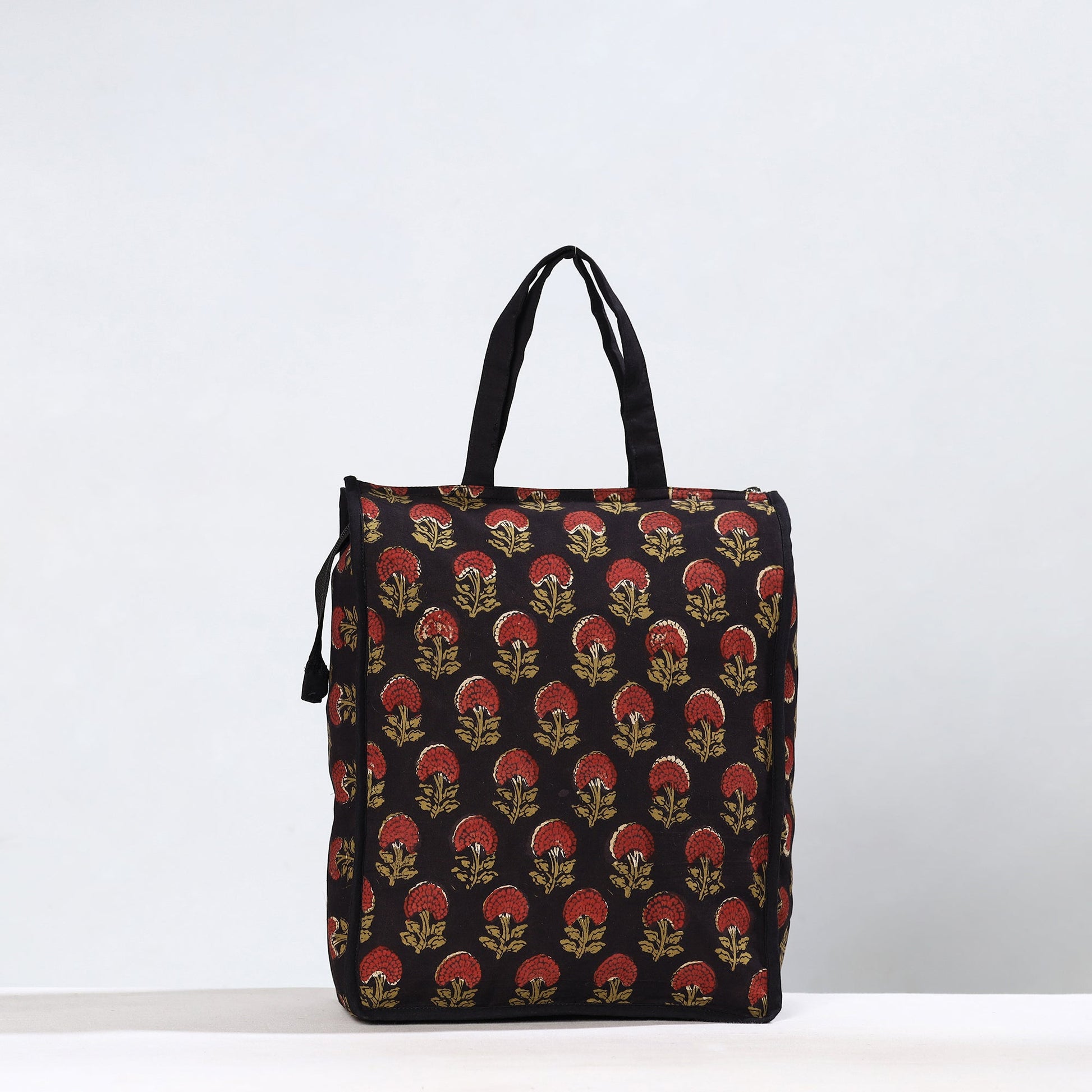 Black - Handmade Ajrakh Block Printed Cotton Shopping Bag 07