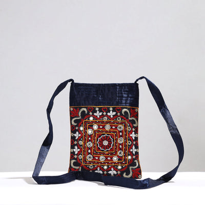 Black - Kutch Pakko Hand Embroidery Mirror Work Mashru Silk Sling Bag 110