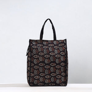 Black - Handmade Ajrakh Block Printed Cotton Shopping Bag 12