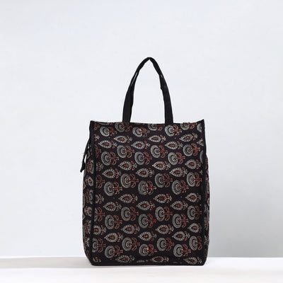 Black - Handmade Ajrakh Block Printed Cotton Shopping Bag 12