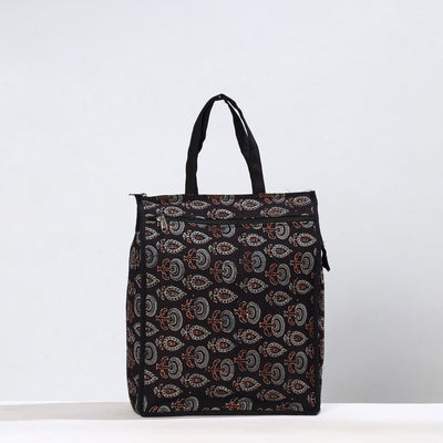 Black - Handmade Ajrakh Block Printed Cotton Shopping Bag 12