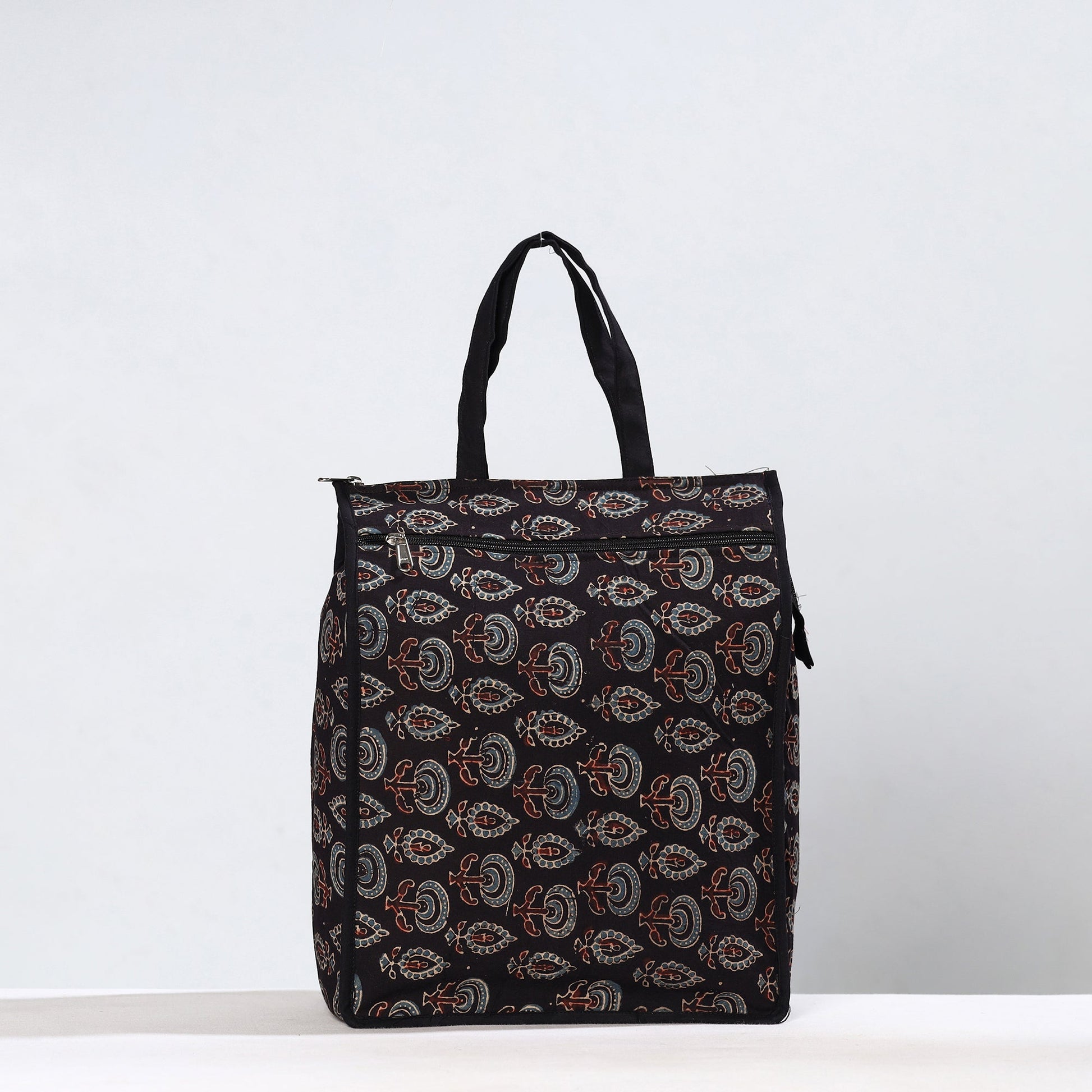 Black - Handmade Ajrakh Block Printed Cotton Shopping Bag 12