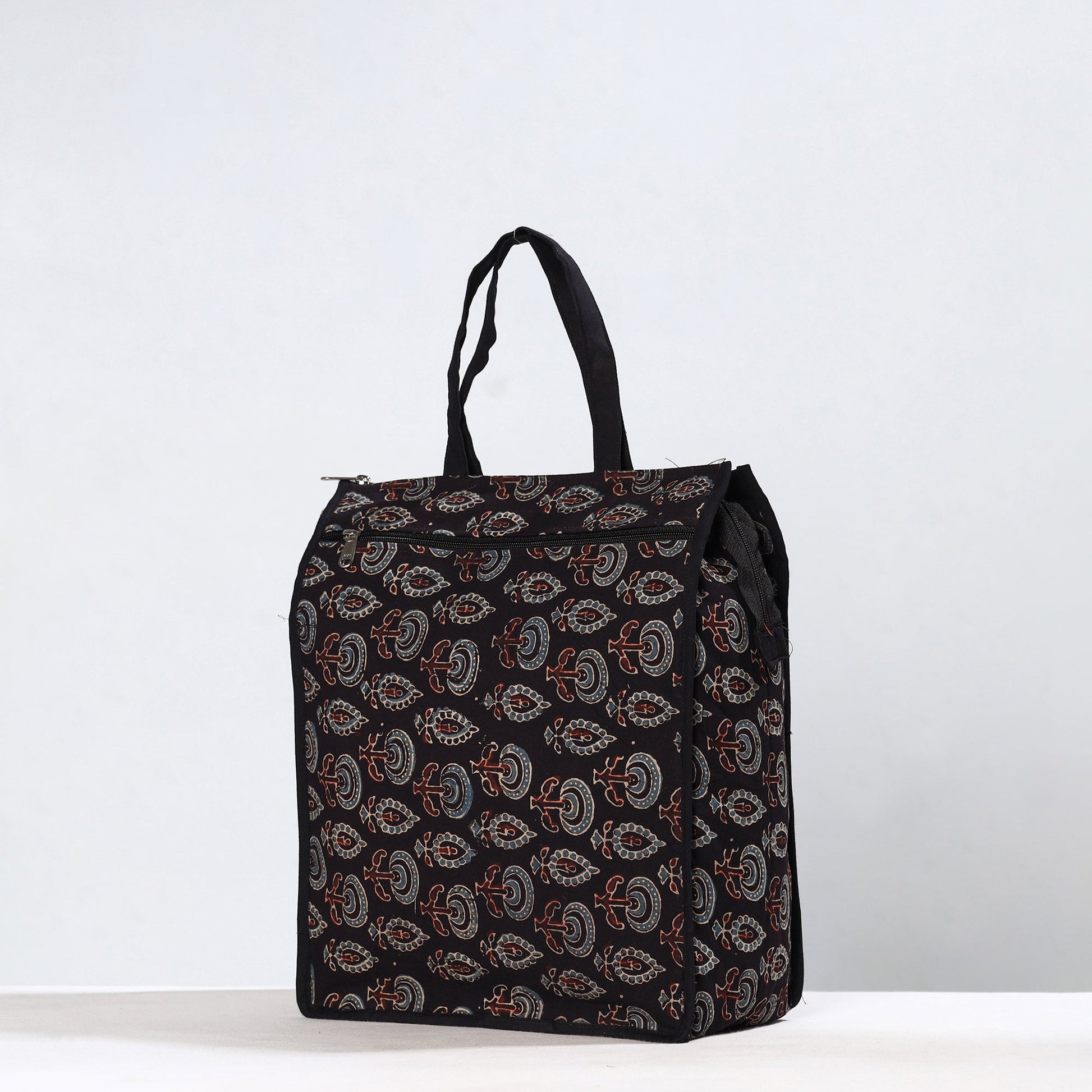 Black - Handmade Ajrakh Block Printed Cotton Shopping Bag 12