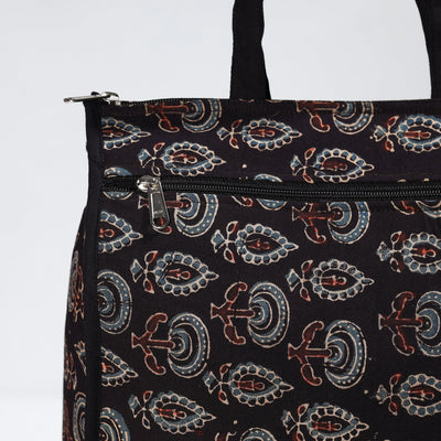 Black - Handmade Ajrakh Block Printed Cotton Shopping Bag 12