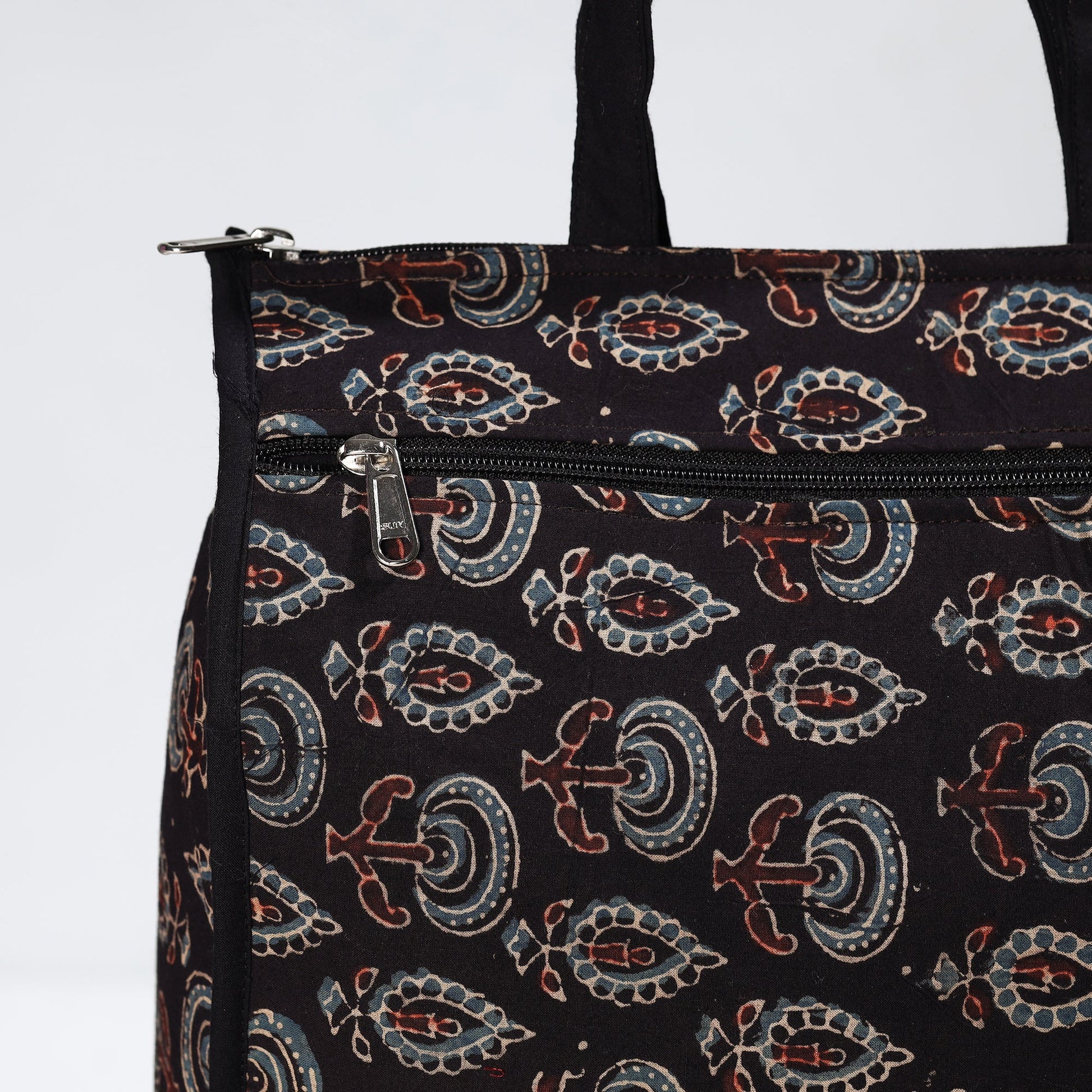Black - Handmade Ajrakh Block Printed Cotton Shopping Bag 12