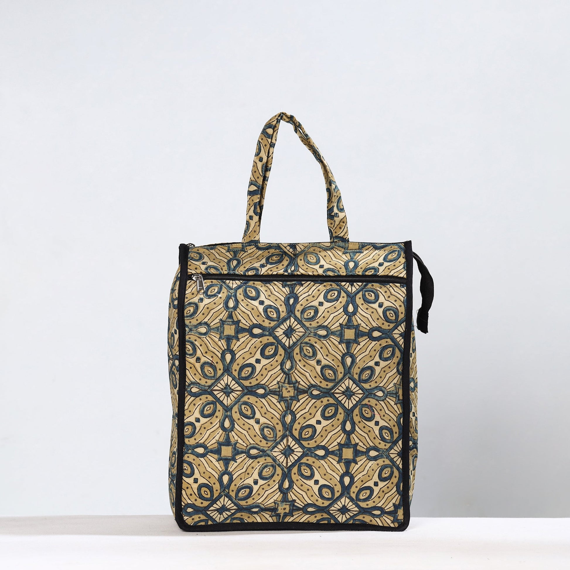 Beige - Handmade Ajrakh Block Printed Cotton Shopping Bag 18