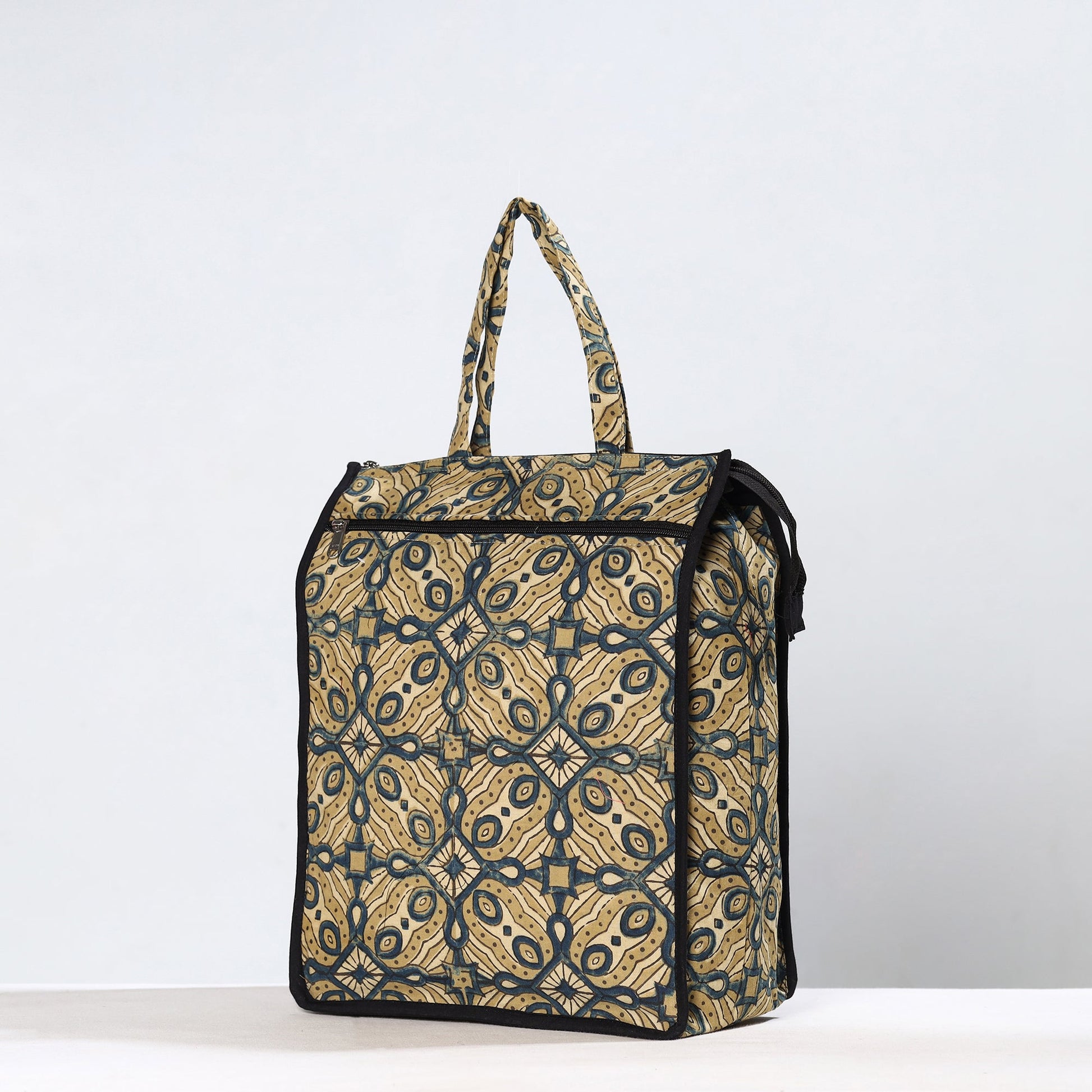 Beige - Handmade Ajrakh Block Printed Cotton Shopping Bag 18