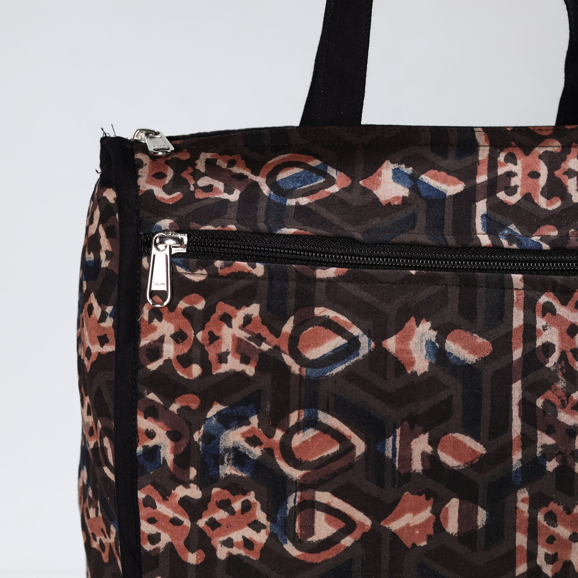 Black - Handmade Bagru Block Printed Cotton Shopping Bag 21