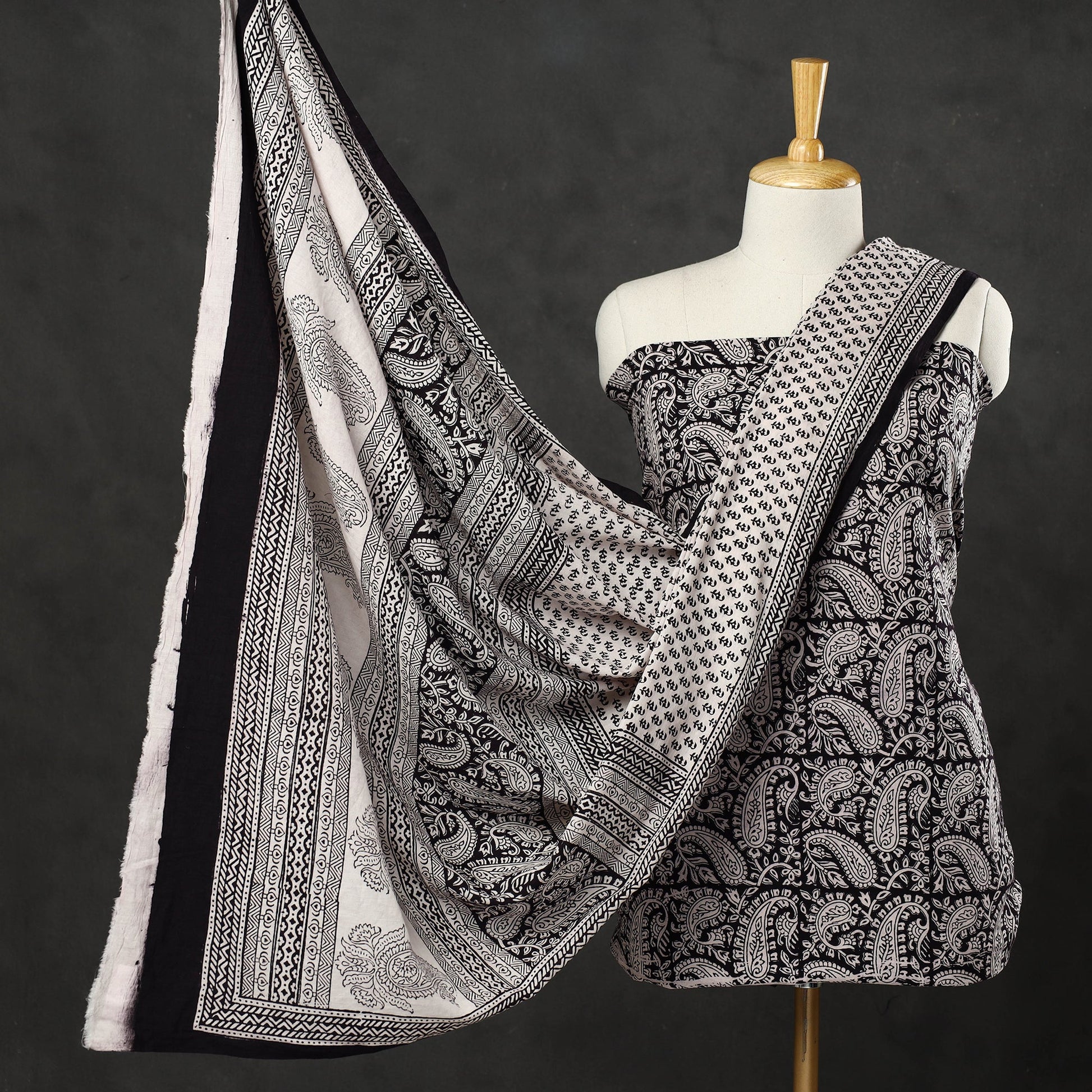 Black - 3pc Bagh Print Cotton Dress Material Set 04