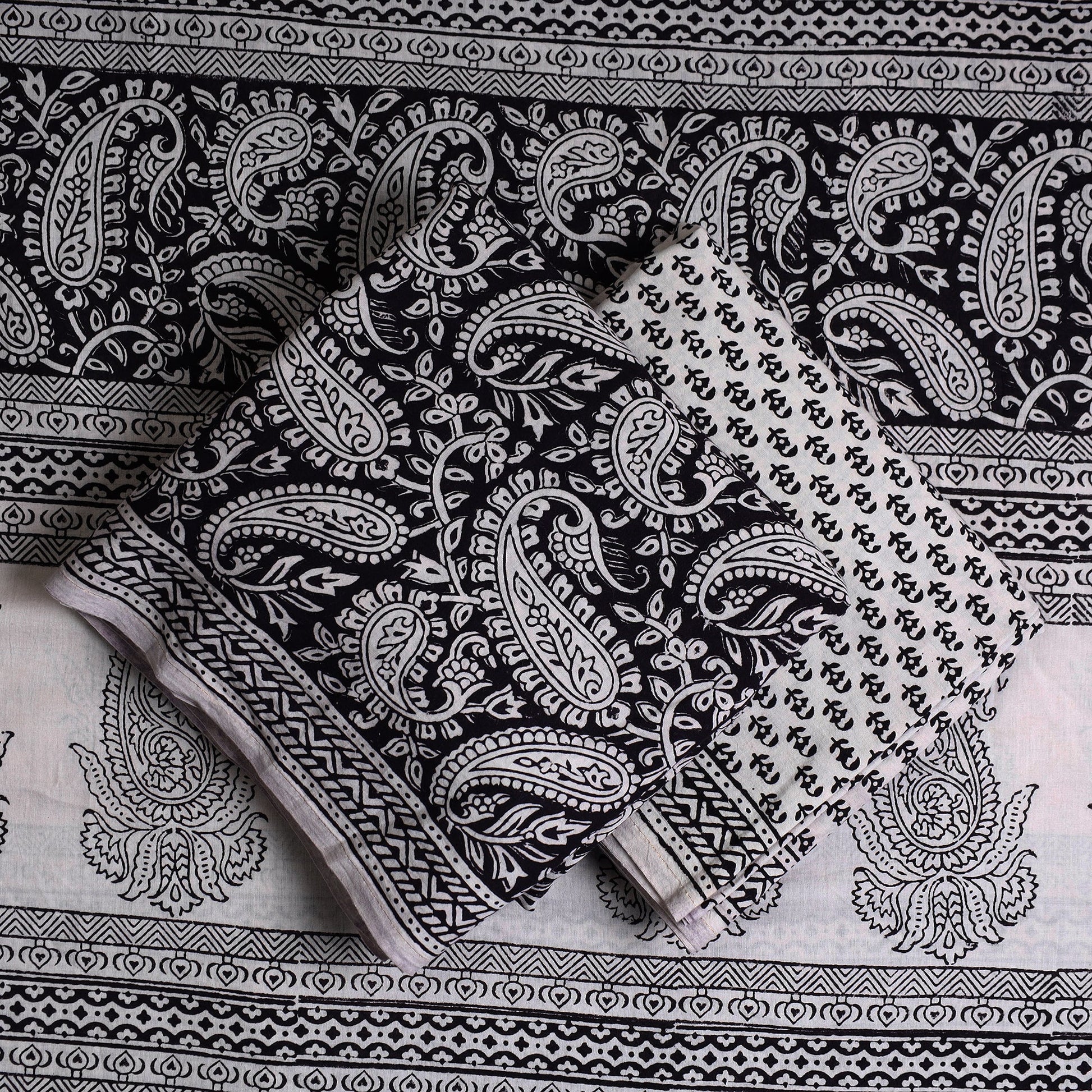 Black - 3pc Bagh Print Cotton Dress Material Set 04