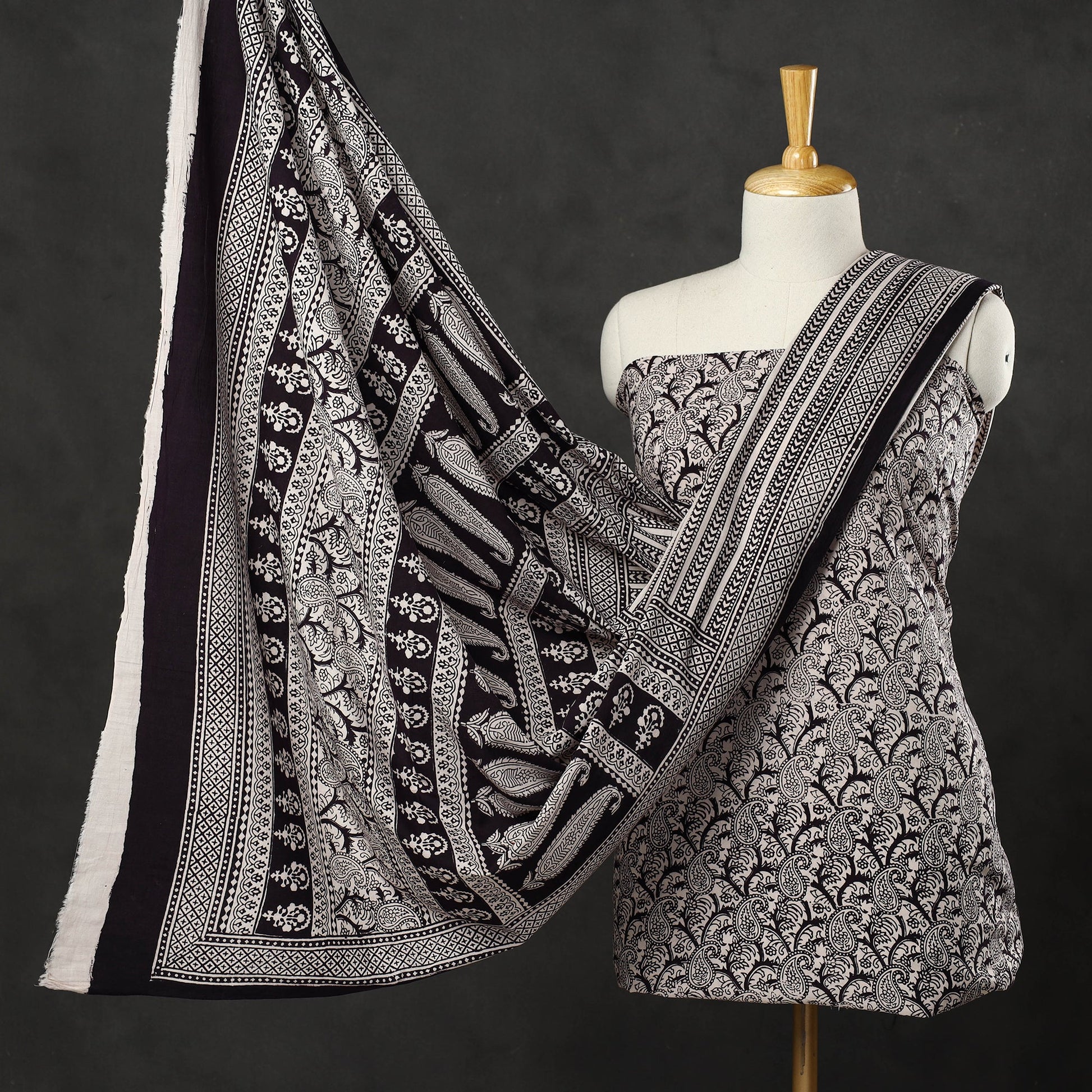 Black - 3pc Bagh Print Cotton Dress Material Set 11