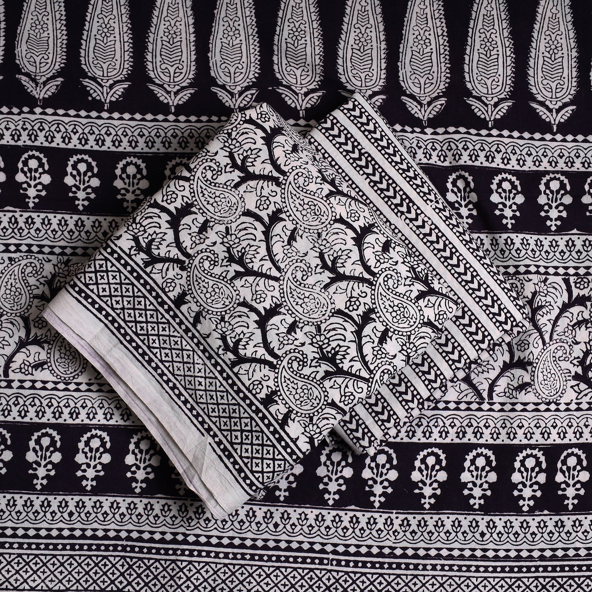 Black - 3pc Bagh Print Cotton Dress Material Set 11