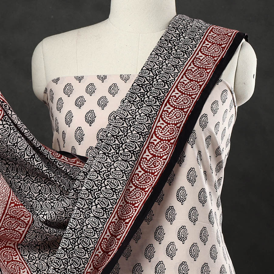 Beige - 3pc Bagh Print Cotton Dress Material Set 15