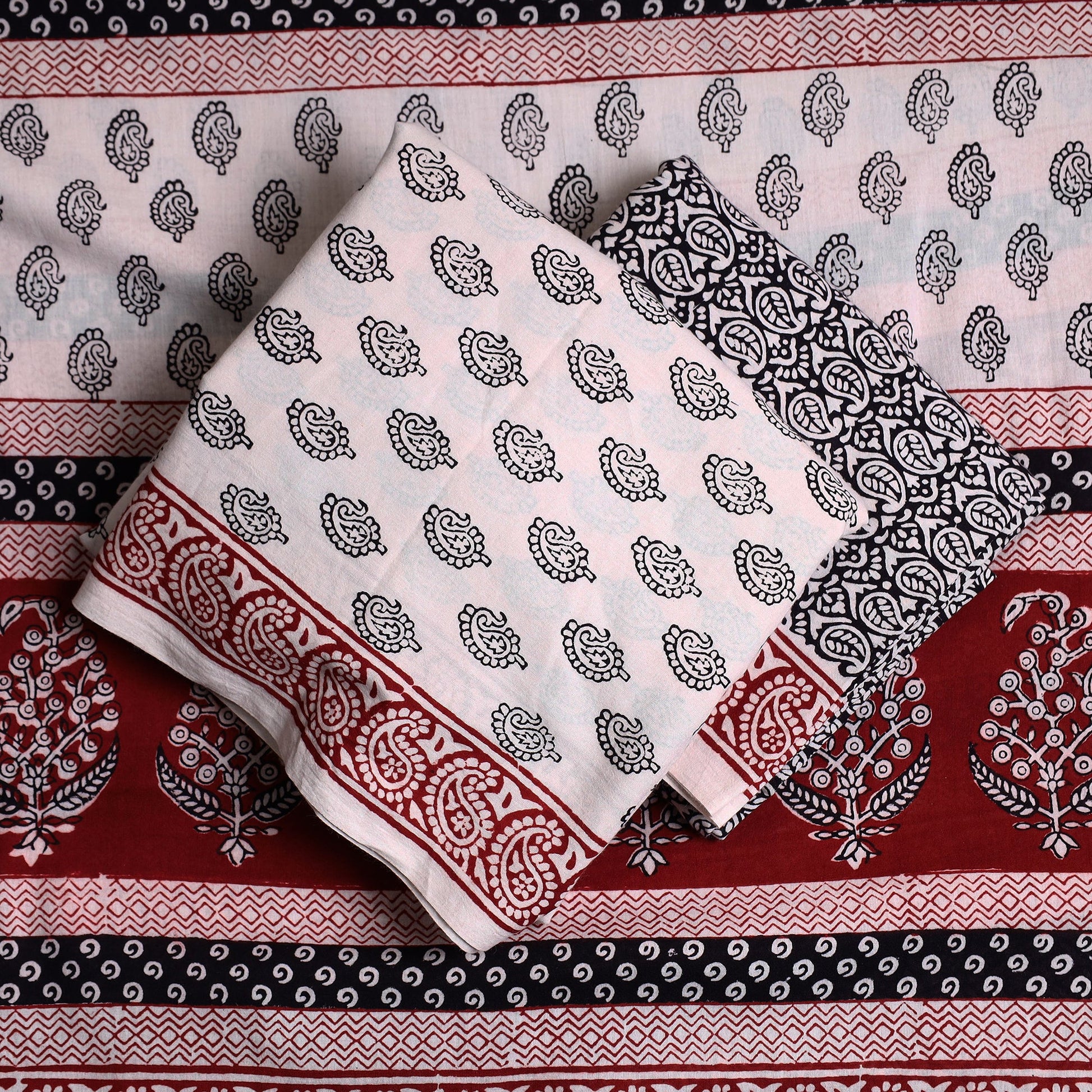 Beige - 3pc Bagh Print Cotton Dress Material Set 15