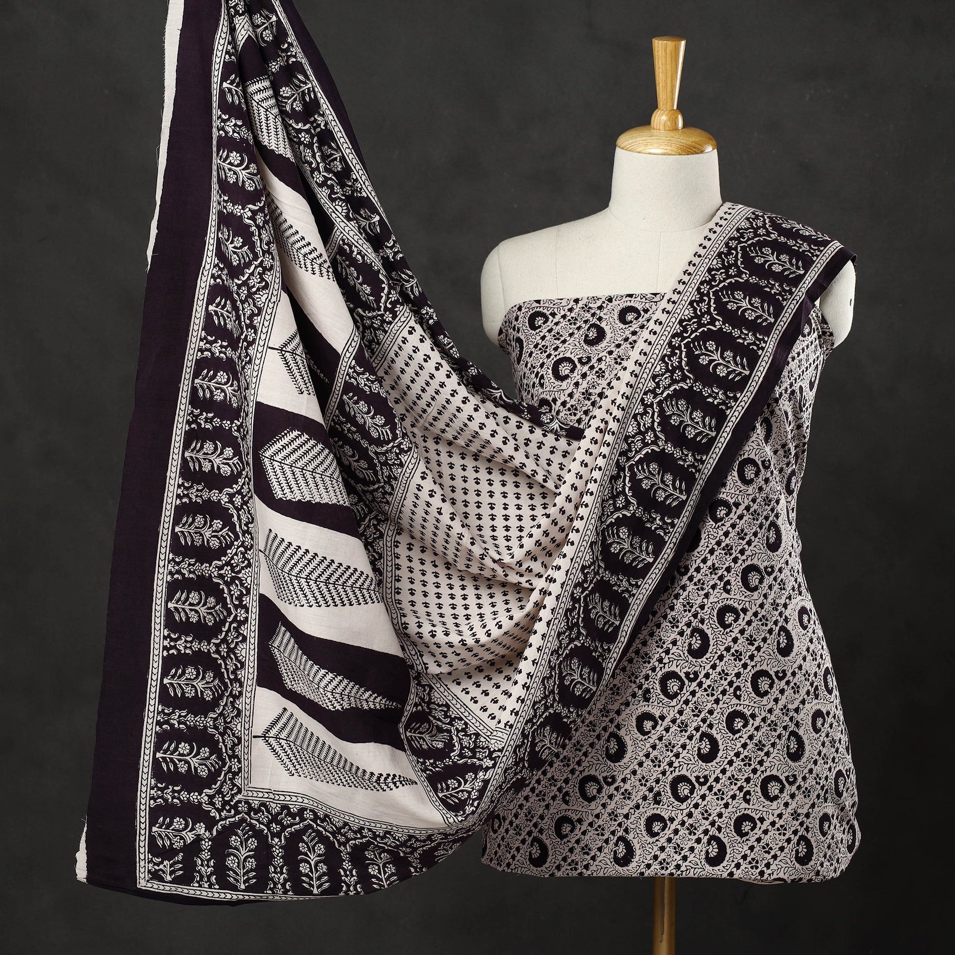 Black - 3pc Bagh Print Cotton Dress Material Set 23