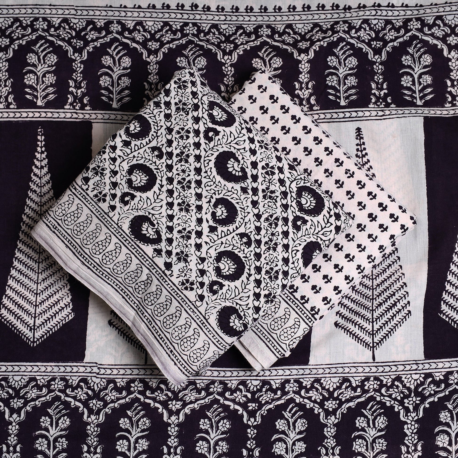 Black - 3pc Bagh Print Cotton Dress Material Set 23