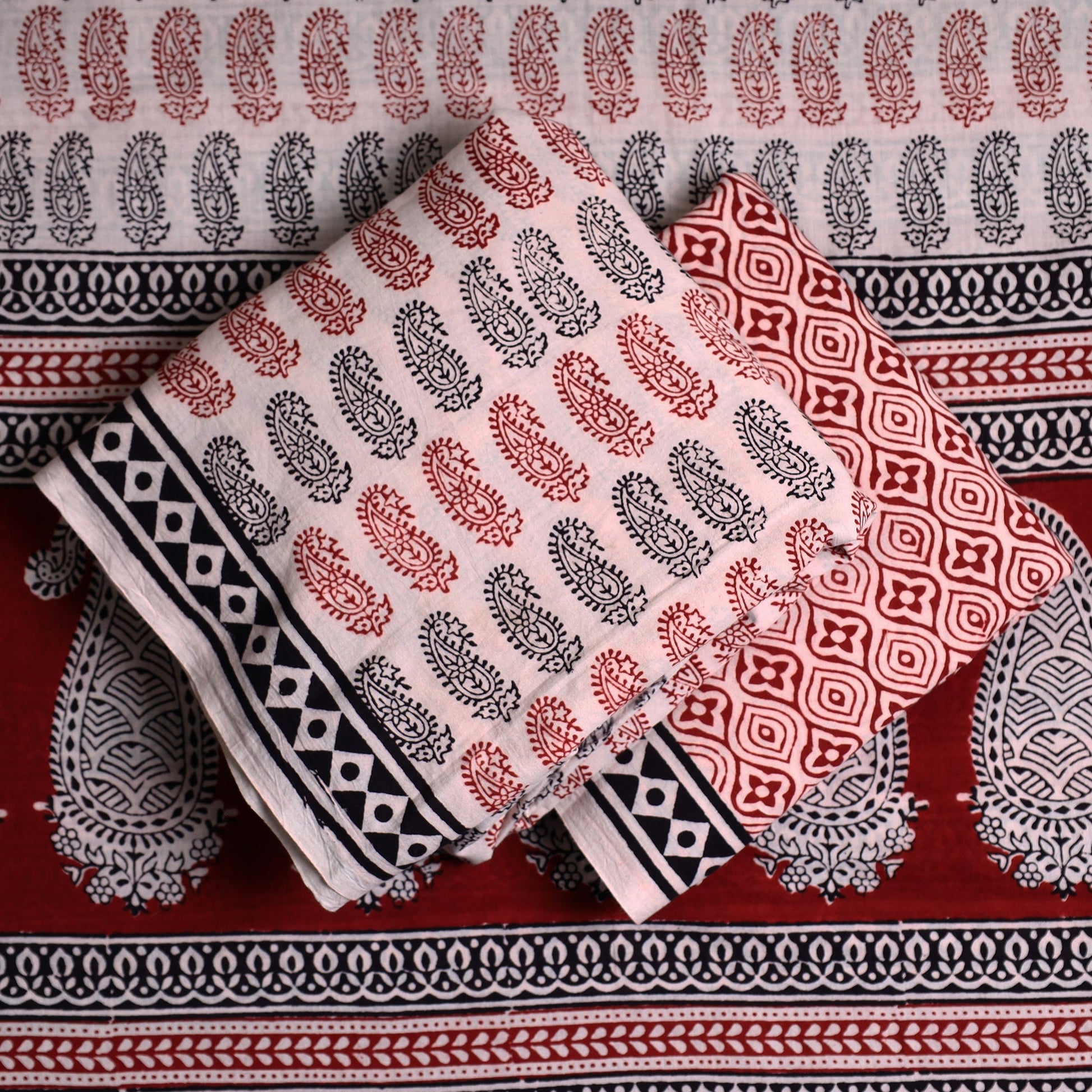 Beige - 3pc Bagh Print Cotton Dress Material Set 30