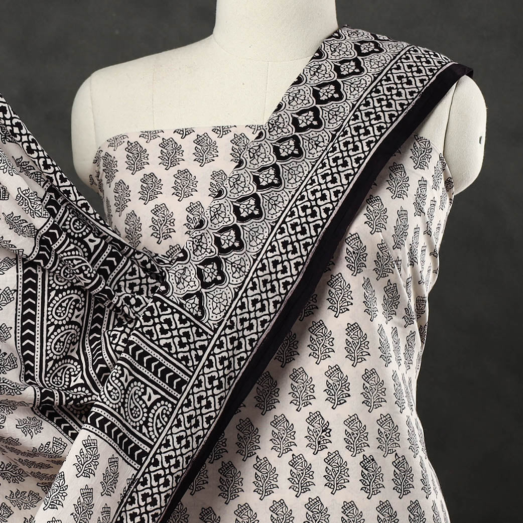 Beige - 3pc Cotton Bagh Print Suit Material Set 36