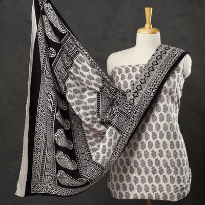 Beige - 3pc Cotton Bagh Print Suit Material Set 36