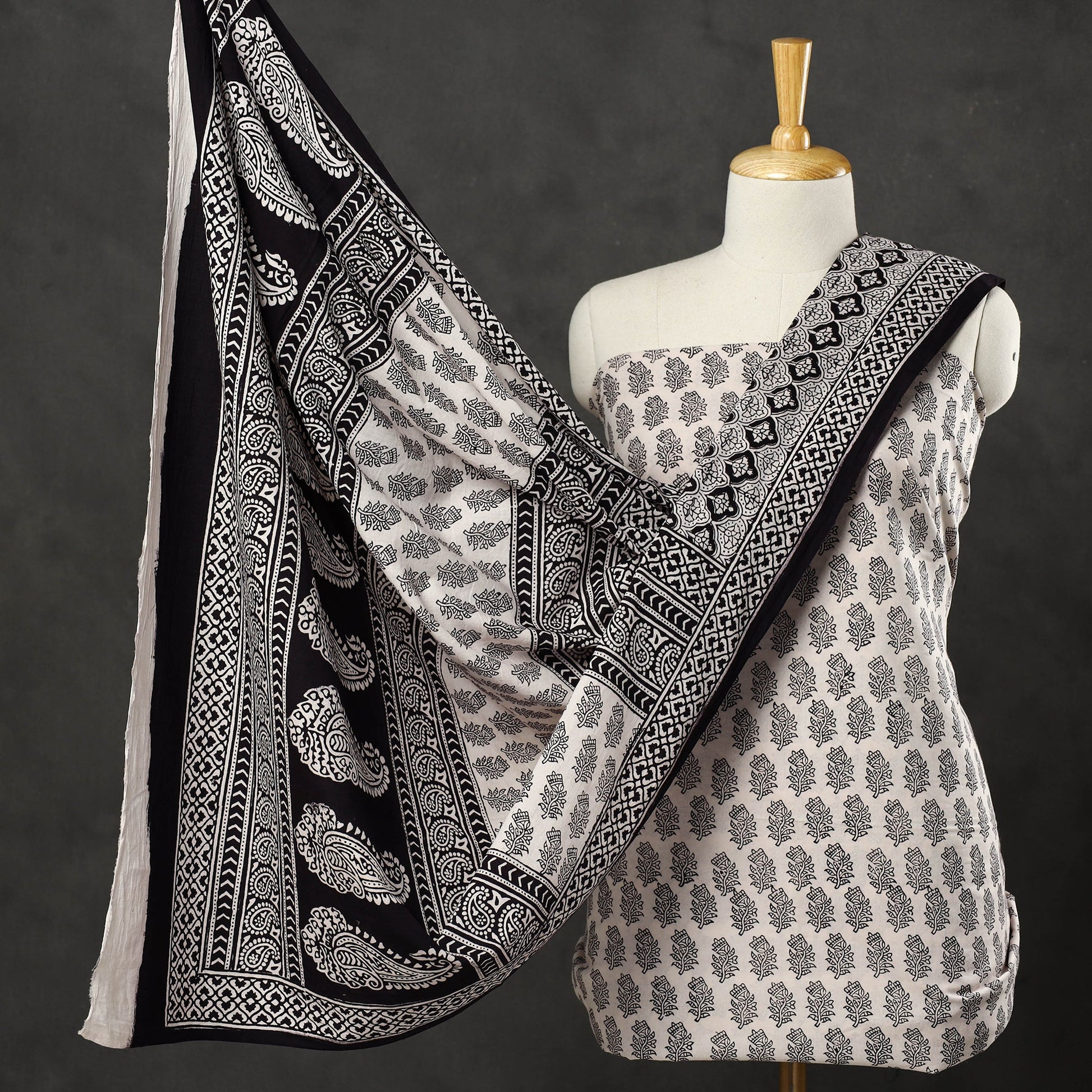 Beige - 3pc Cotton Bagh Print Suit Material Set 36