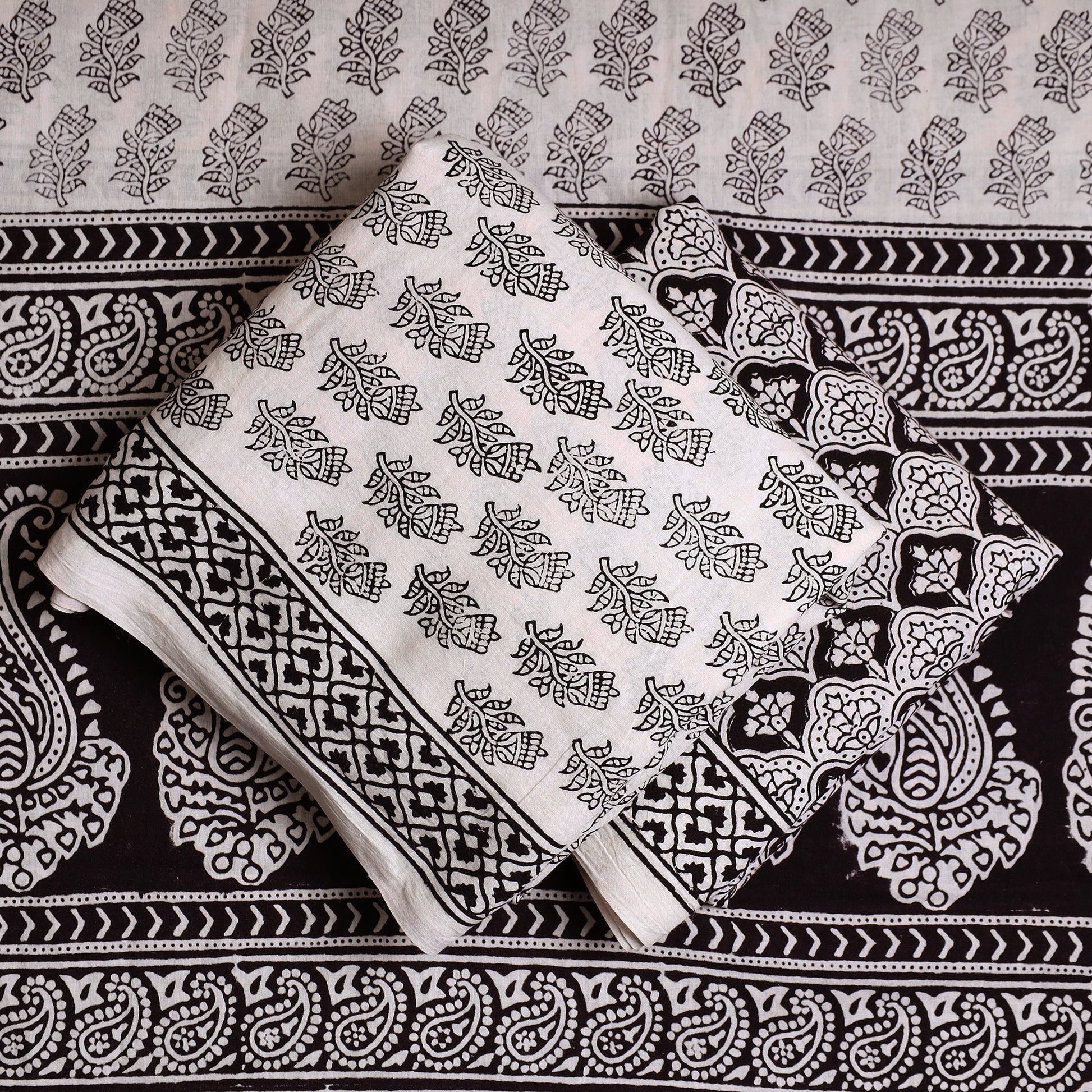 Beige - 3pc Cotton Bagh Print Suit Material Set 36
