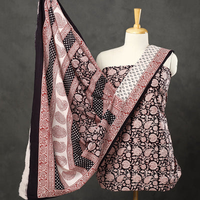 Black - 3pc Bagh Print Cotton Dress Material Set 49