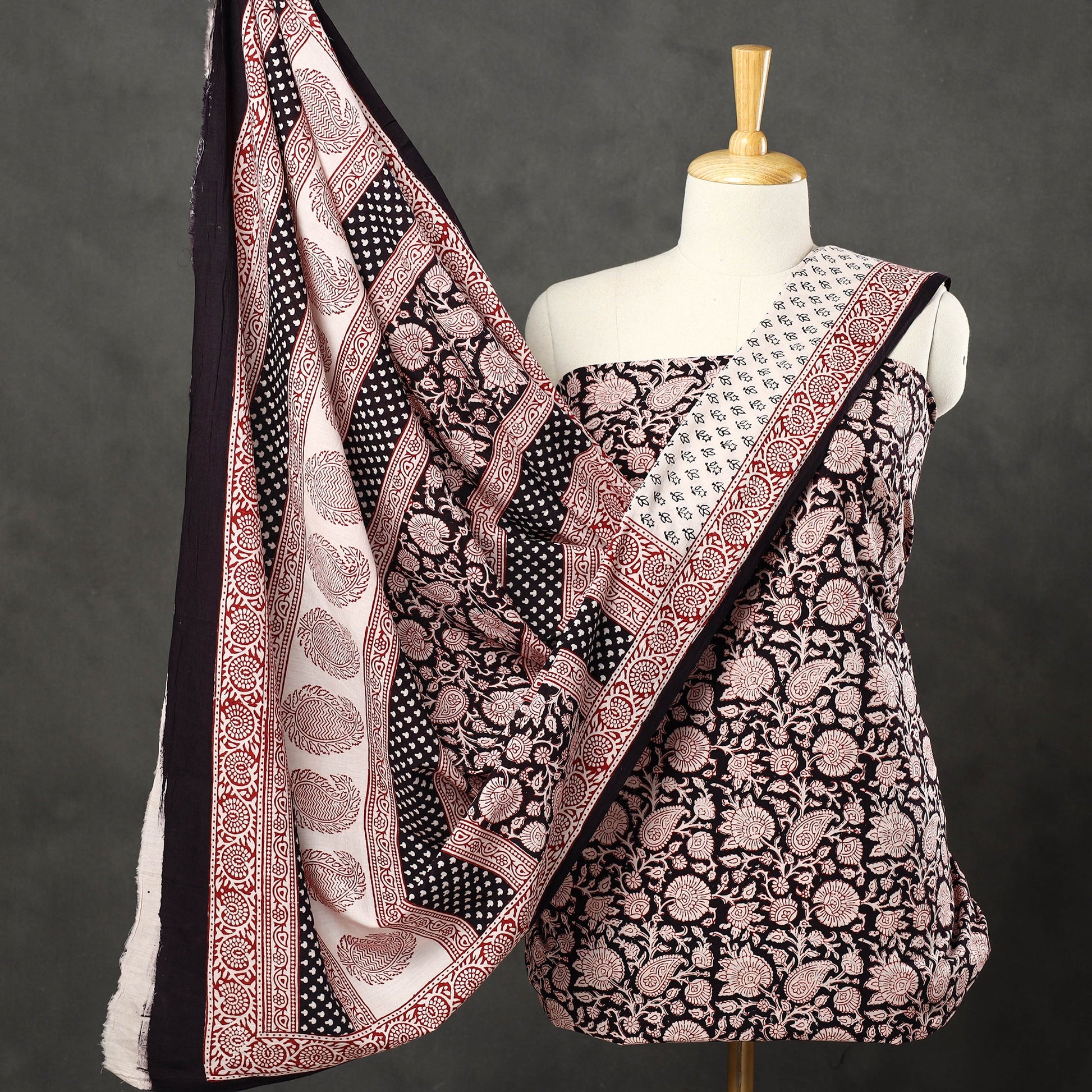 Black - 3pc Bagh Print Cotton Dress Material Set 49