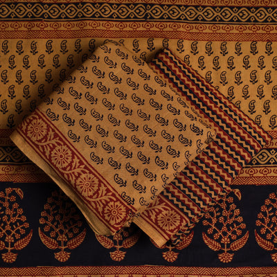 Brown - 3pc Bagh Print Cotton Dress Material Set 44