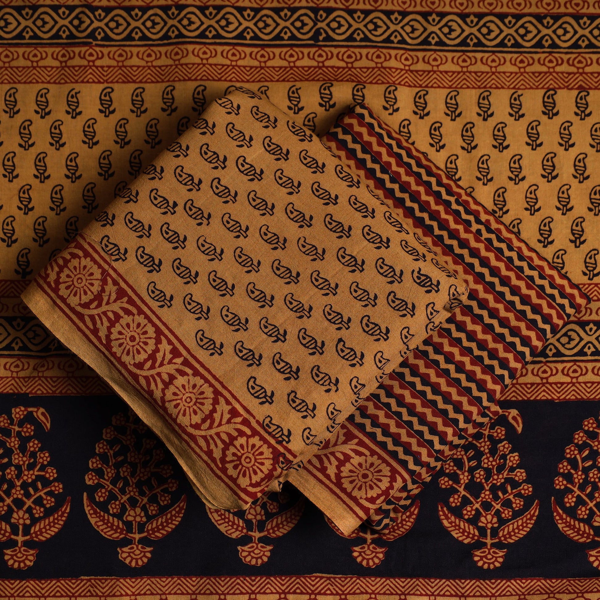 Brown - 3pc Bagh Print Cotton Dress Material Set 44