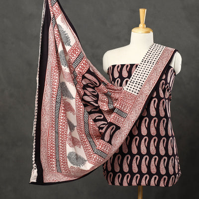 Black - 3pc Bagh Print Cotton Dress Material Set 52