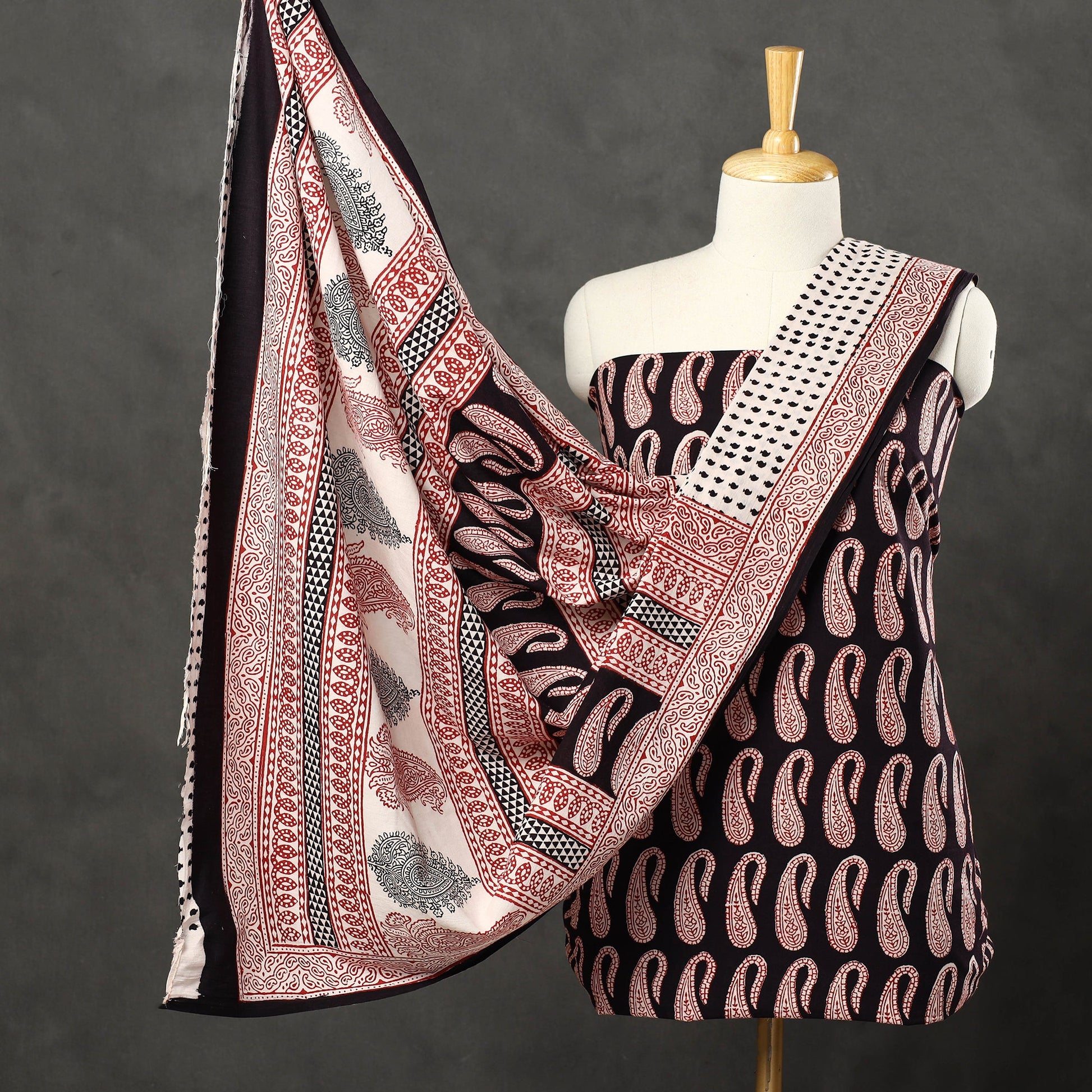 Black - 3pc Bagh Print Cotton Dress Material Set 52
