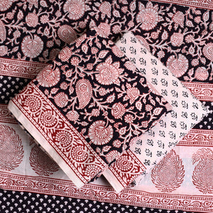 Black - 3pc Bagh Print Cotton Dress Material Set 49