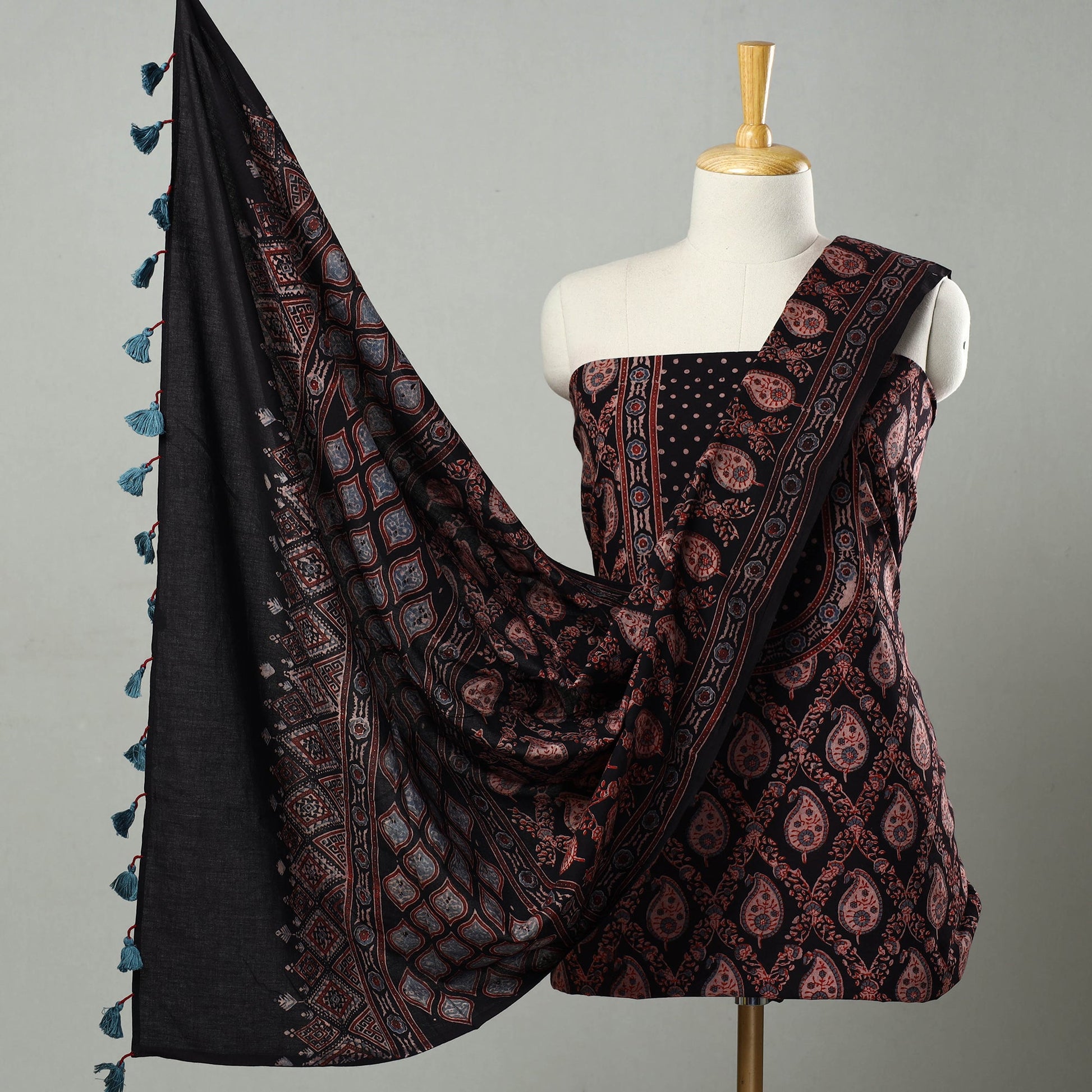 Black - Hand Block Print Cotton 3pc Ajrakh Dress Material 09