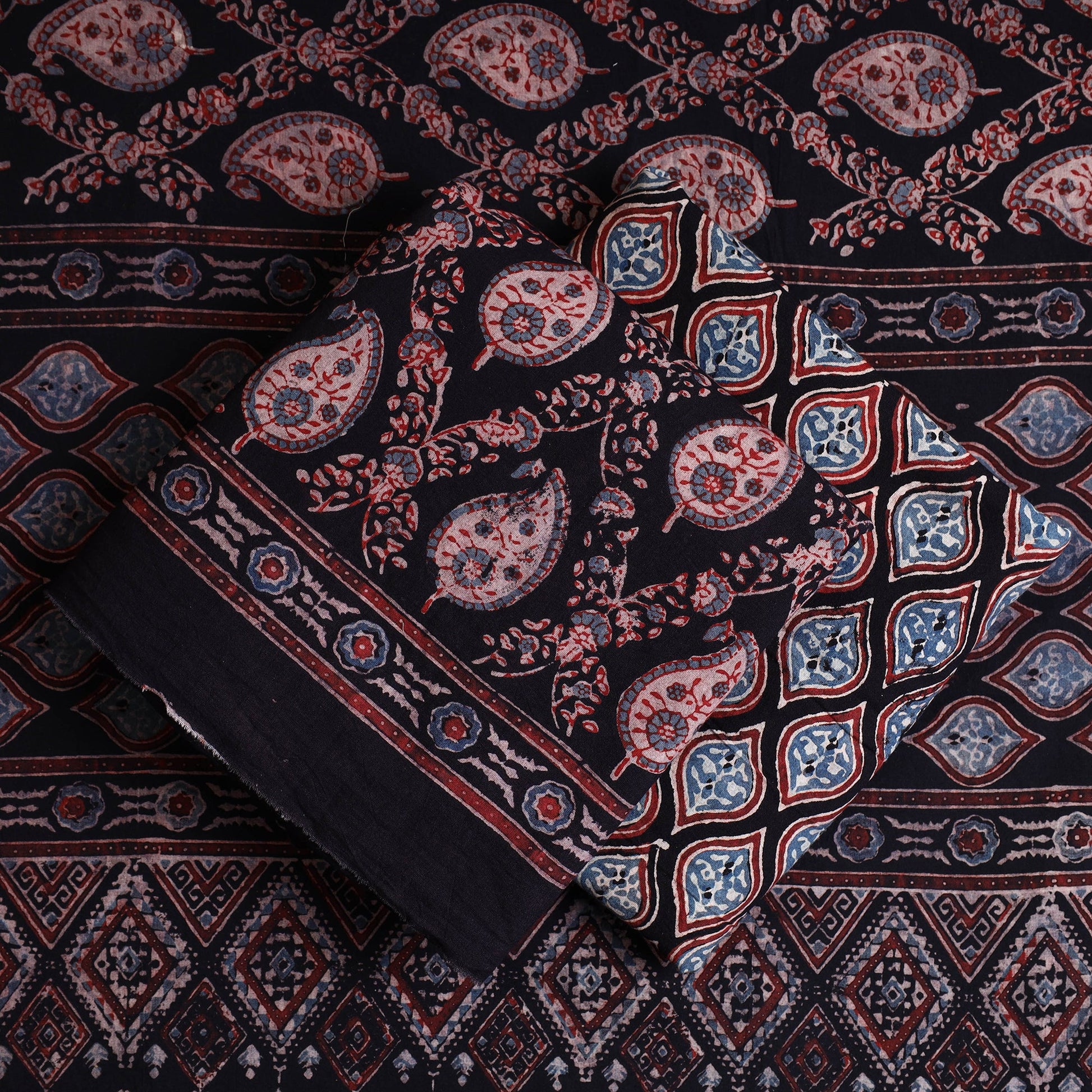 Black - Hand Block Print Cotton 3pc Ajrakh Dress Material 09