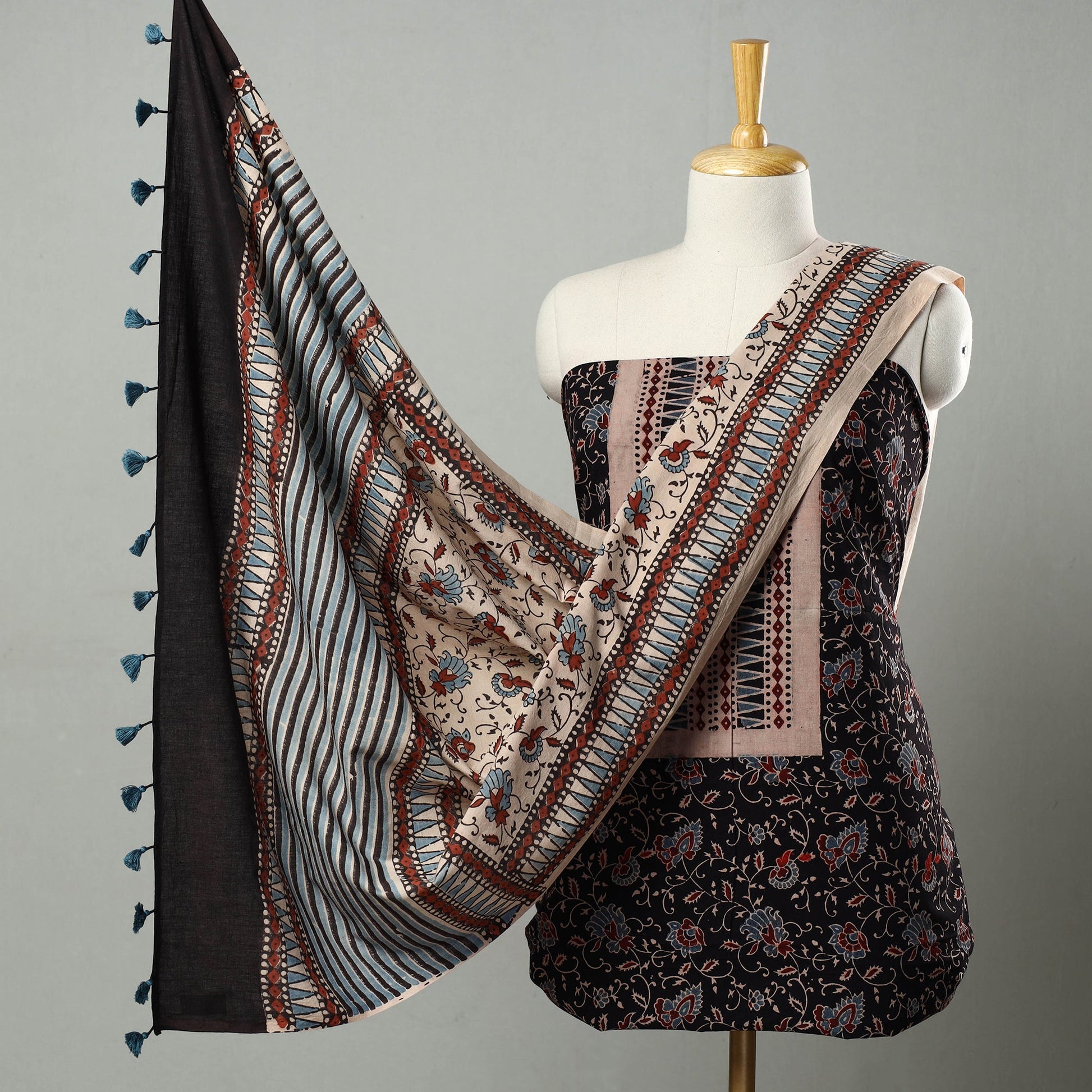Black - Hand Block Print Cotton 3pc Ajrakh Dress Material 12