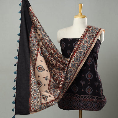 Black - Hand Block Print Cotton 3pc Ajrakh Dress Material 14