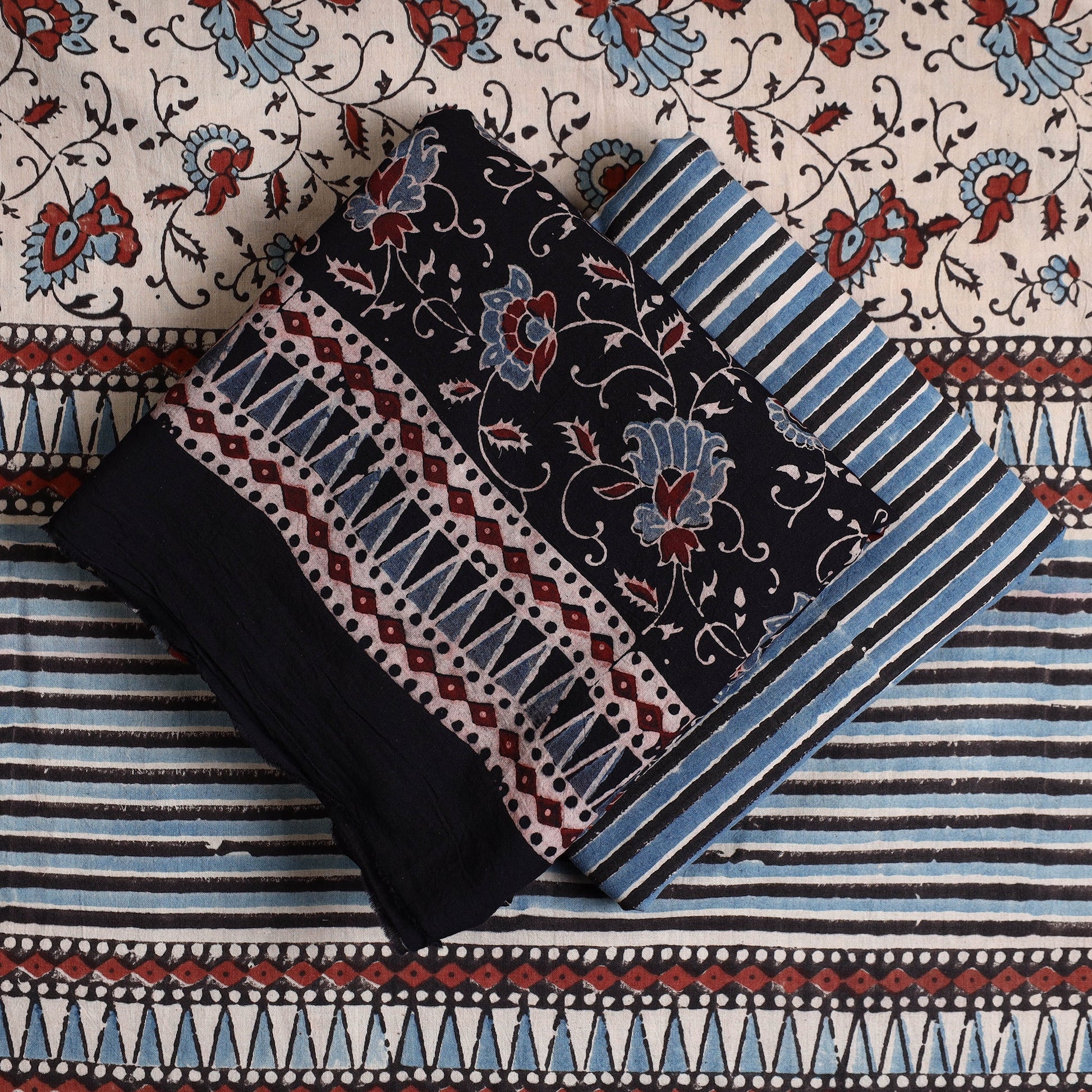 Black - Hand Block Print Cotton 3pc Ajrakh Dress Material 12