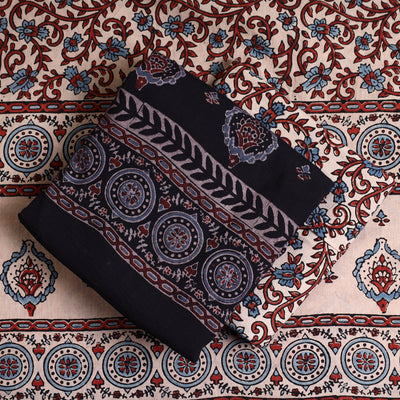 Black - Hand Block Print Cotton 3pc Ajrakh Dress Material 14