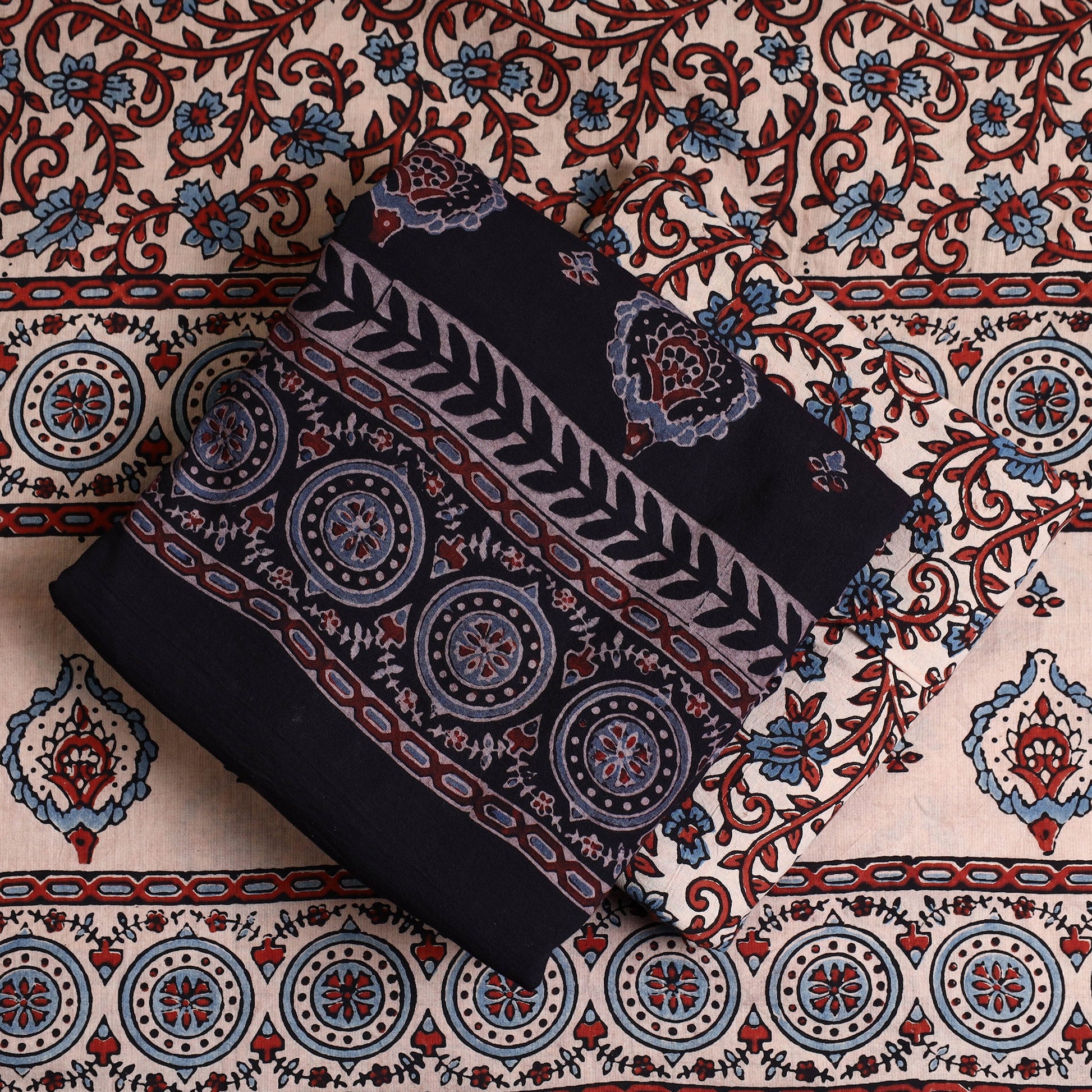 Black - Hand Block Print Cotton 3pc Ajrakh Dress Material 14